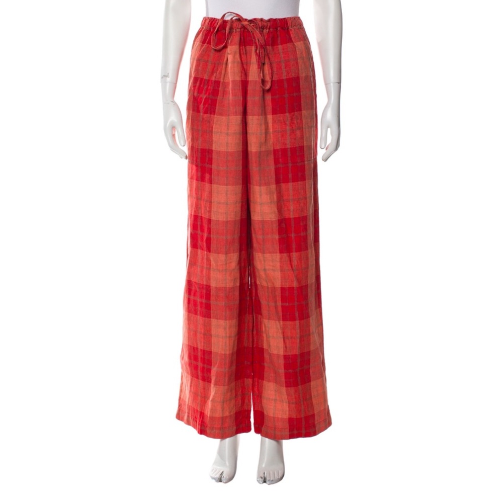 Eskandar 100% Linen Orange Plaid Wide-Leg Pants